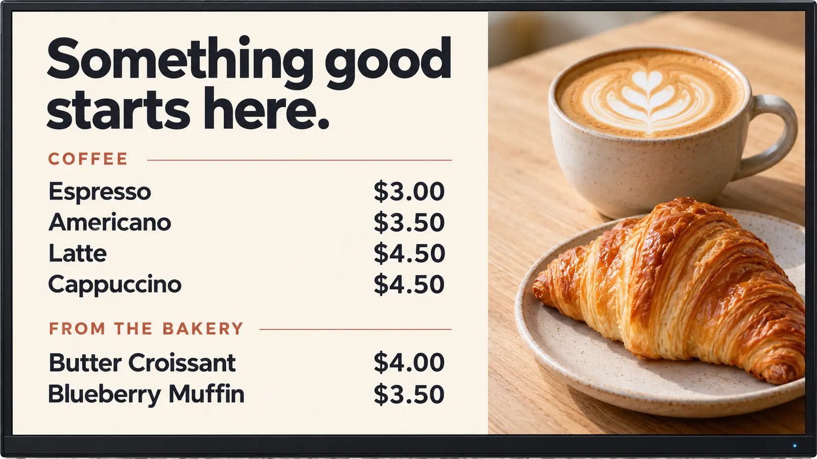 Example café display with a coffee and pastry menu